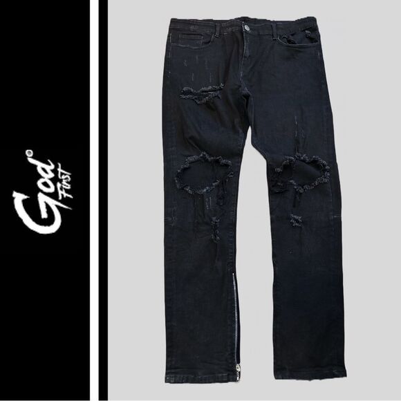 God First Men’s Distressed Black Jeans with‎ Zippers - Size 40 - Picture 1 of 3